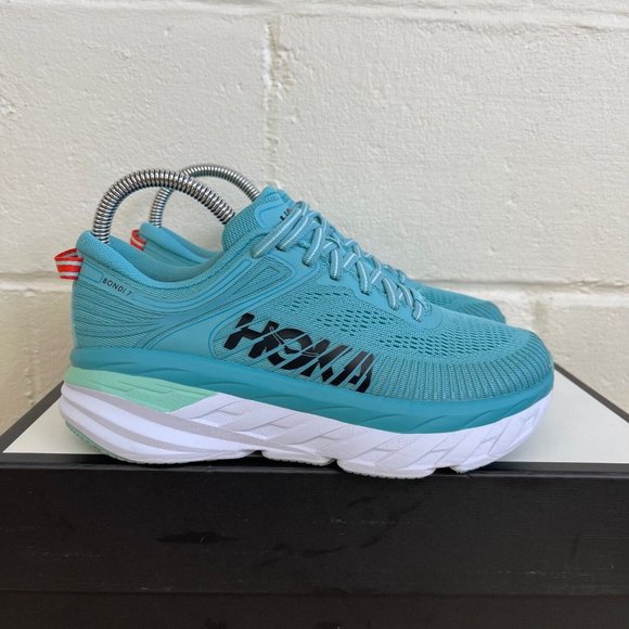 Hoka One One Bondi 7 Women Sz 6.5US Sneaker EUC Aquarelle /Eggshell Blue Lace Up - Picture 2 of 11